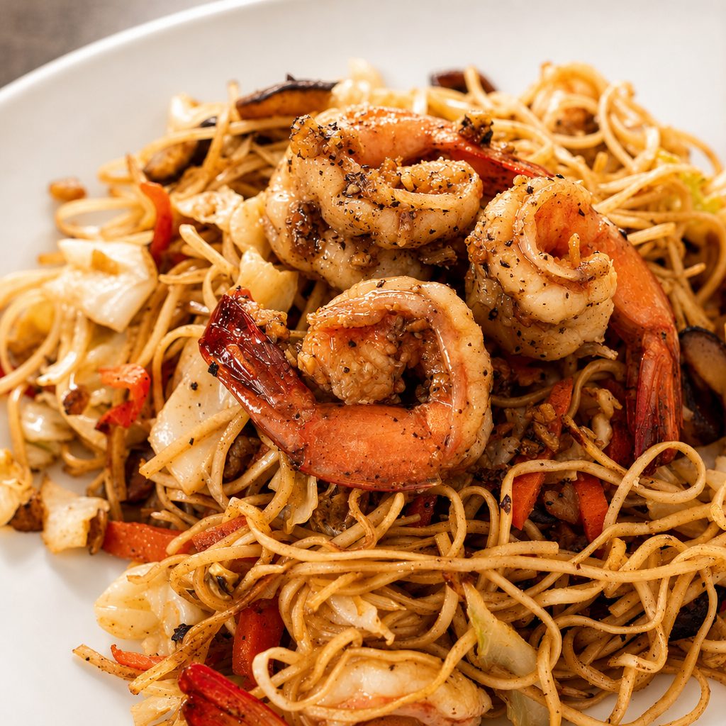 65. Tôm Rang Bơ Tỏi Mì Tỏi – Garlic Prawns with Garlic Noodle.